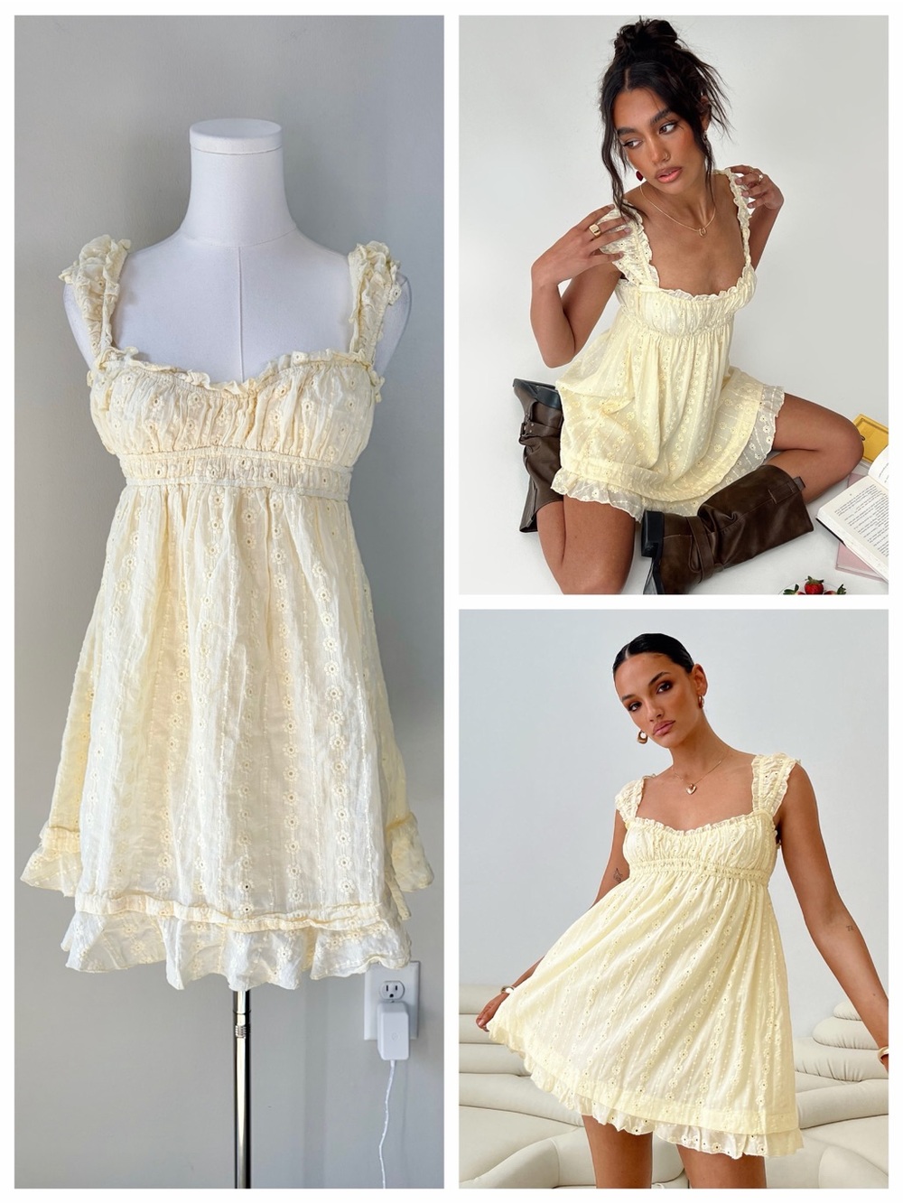 Princess Polly Pale Yellow Carlita Eyelet Ruffle Trim Mini Dress Femme Prairie